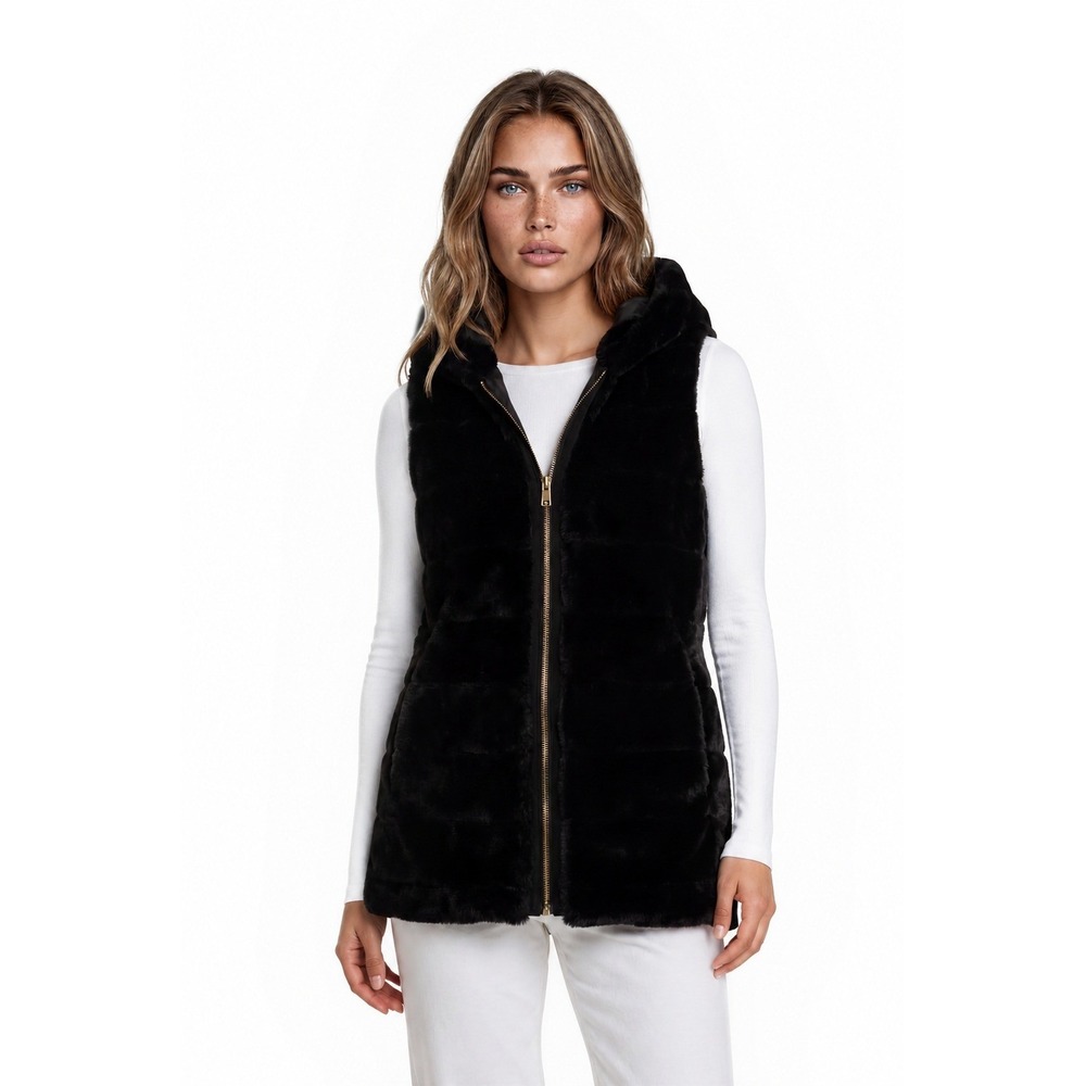 Via Spiga Faux Fur Vest Women's Size Small Black Hooded Longline Zip Y2K